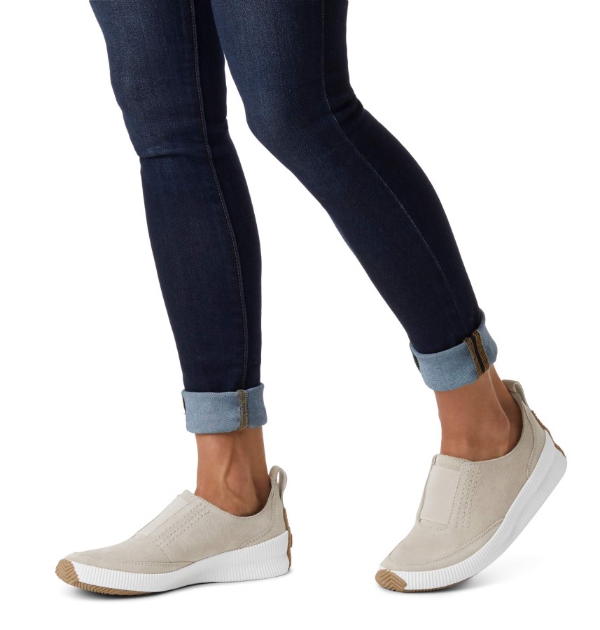Soft Taupe Sorel Australia Women's Out 'N About Plus Slip-On Suede Sneaker With Thick Rubber Sole