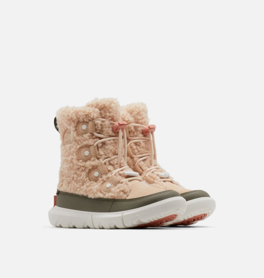 Sorel Australia Youth Explorer Cozy Shearling Winter Boot Nova Sand-Stone Green