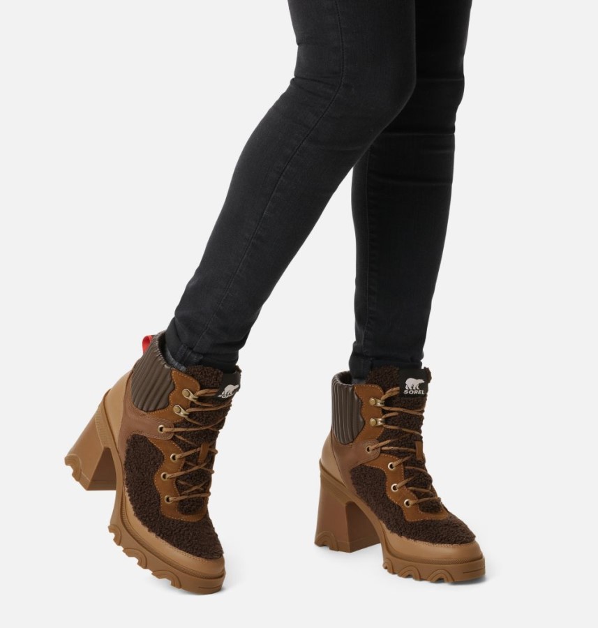 Women's Brex Heel Cozy Lace Bootie Sorel Australia Tawny Buff-Blackened Brown