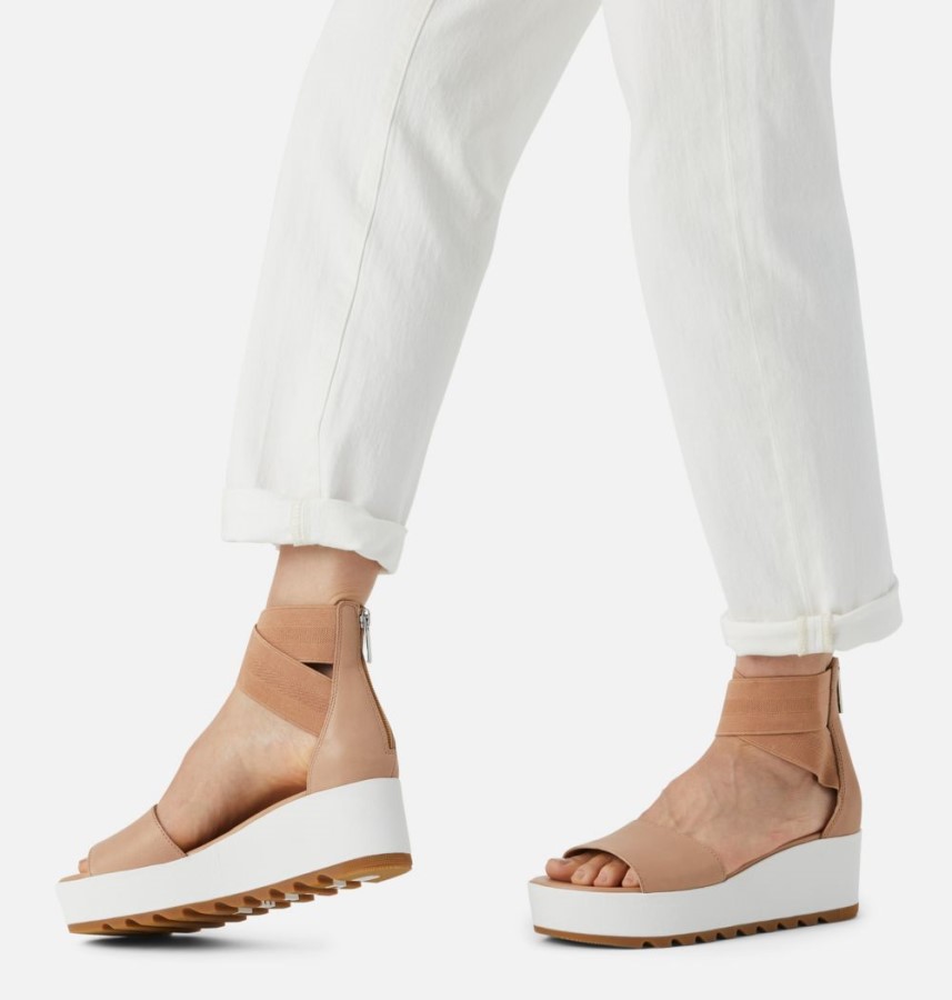 Women's Cameron Flatform Ankle Strap Wedge Sandal Sorel Australia Honest Beige
