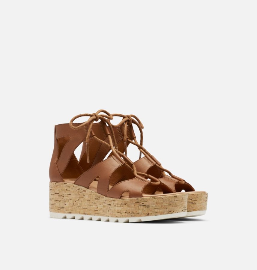 Women's Cameron Flatform Lace Wedge Sandal Sorel Australia Velvet Tan-Chalk